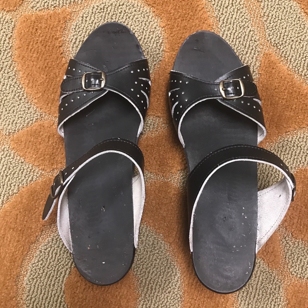 Vintage Clogs 42/10 black leather wooden solemule